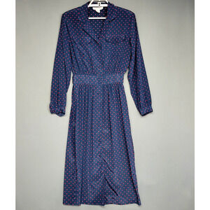 Vintage Hana Sung Dress Womens 10 Blue Red Polka Dot Long Sleeve Button Up 80s